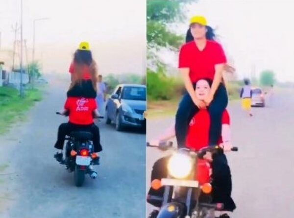 बुलेट बाइक पर अजीब स्टंट कर रहीं थीं लड़कियां, पुलिस ने किया 11 हजार का चालान