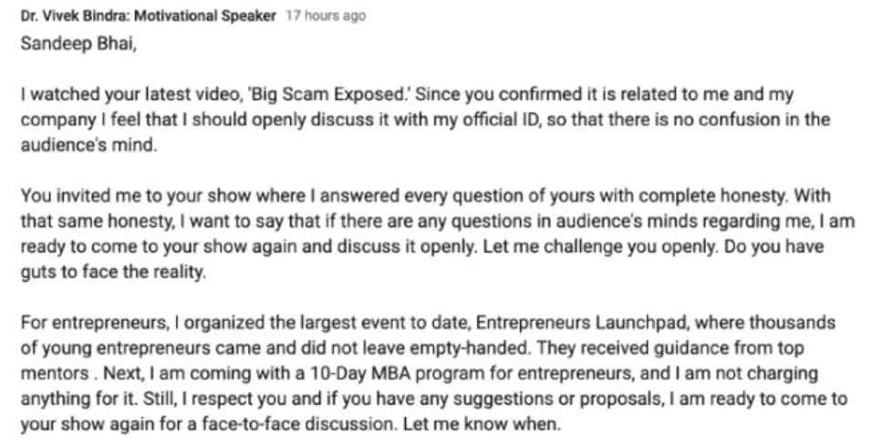 Vivek Bindra Reply To Sandeep