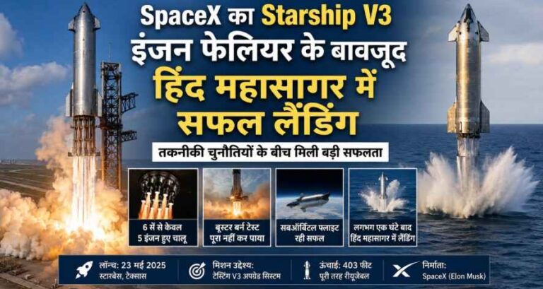 Spacex के Starship V3 ने रचा नया इतिहास, इंजन फेल होने के बावजूद हिंद महासागर में सफल लैंडिंग से दुनिया हैरान 1 Spacex Starship V3 Makes Historic Landing Despite Engine Failure During Test Flight