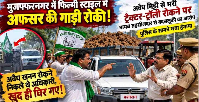 Muzaffarnagar में फिल्मी अंदाज में अफसर की गाड़ी रोकी! अवैध मिट्टी से भरी ट्रैक्टर-ट्रॉली रोकने पर नायब तहसीलदार से बदसलूकी का आरोप, पुलिस के सामने मचा हंगामा 1 Muzaffarnagar Illegal Soil Mining